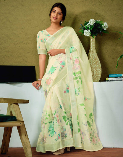 Ready To Wear Cream Printed Linen Saree