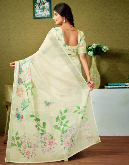 Ready To Wear Cream Printed Linen Saree