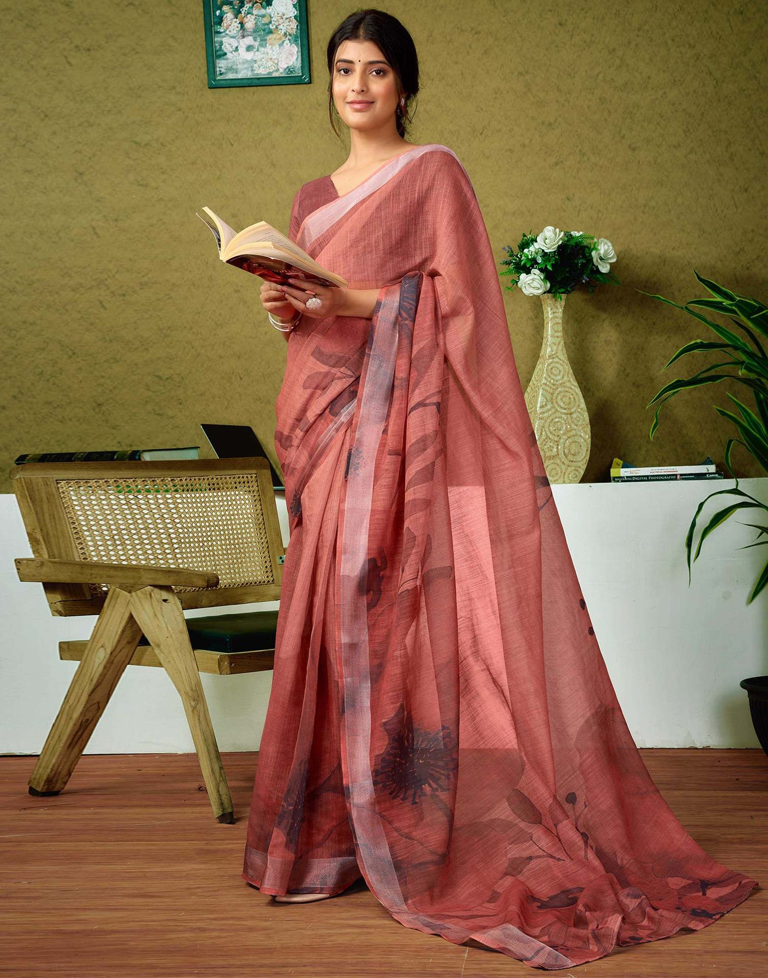 Ready To Wear Chestnut Brown Printed Linen Saree