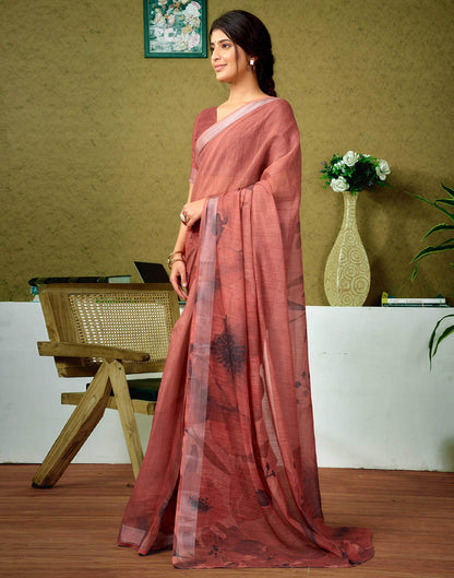 Ready To Wear Chestnut Brown Printed Linen Saree