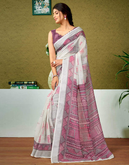 Ready To Wear Off White Printed Linen Saree