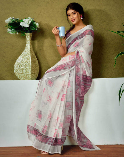 Ready To Wear Off White Printed Linen Saree