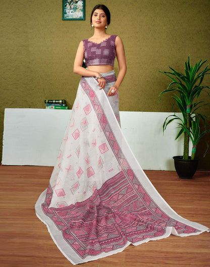 Ready To Wear Off White Printed Linen Saree