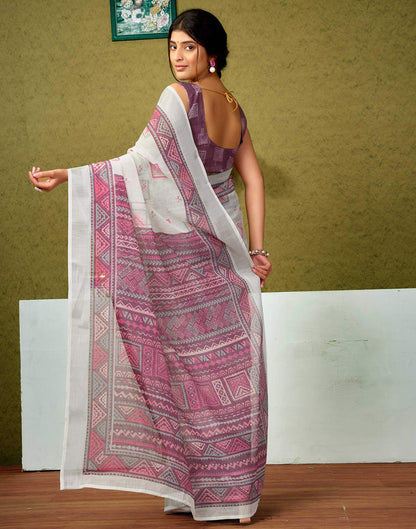 Ready To Wear Off White Printed Linen Saree