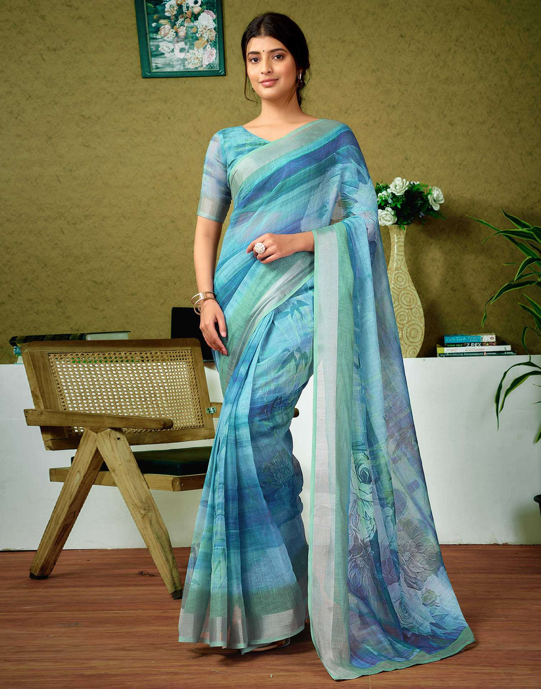 Ready To Wear Blue Printed Linen Saree