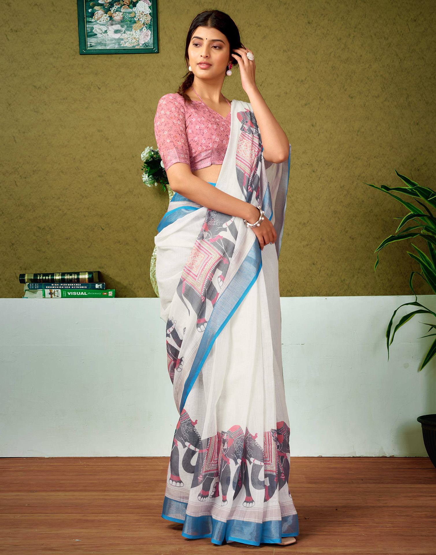 Ready To Wear Off White Printed Linen Saree