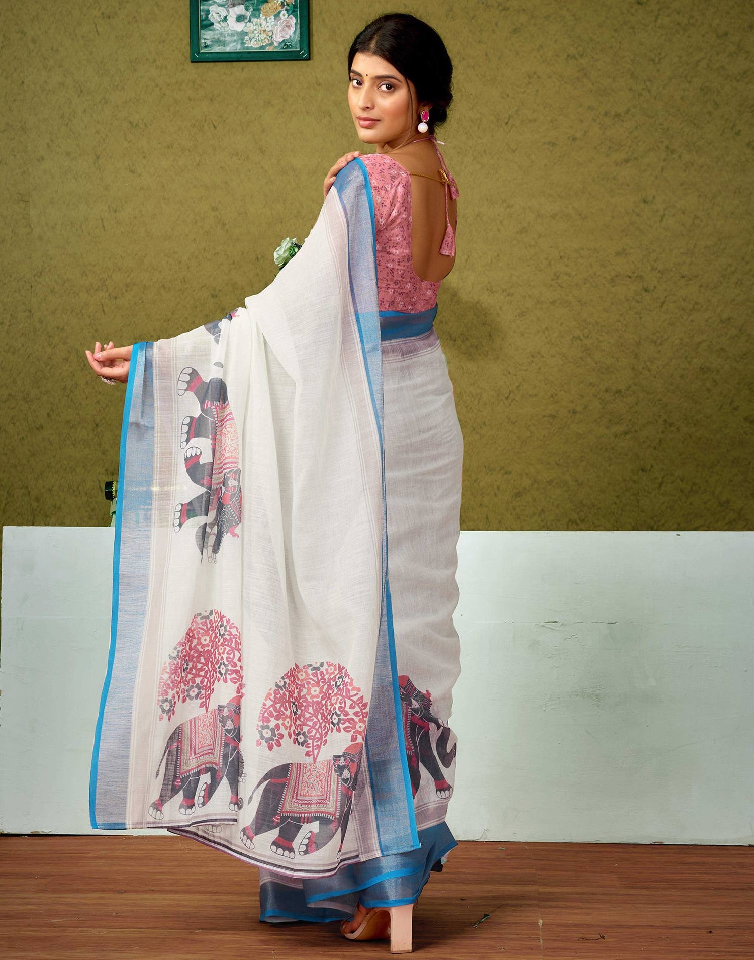 Ready To Wear Off White Printed Linen Saree