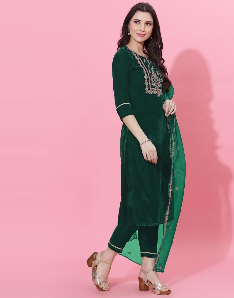 Dark Green Kurti With Pant And Dupatta | Leemboodi