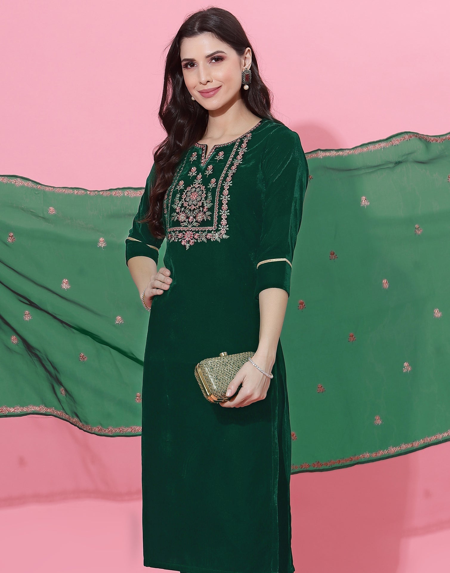 Dark Green Kurti With Pant And Dupatta | Leemboodi