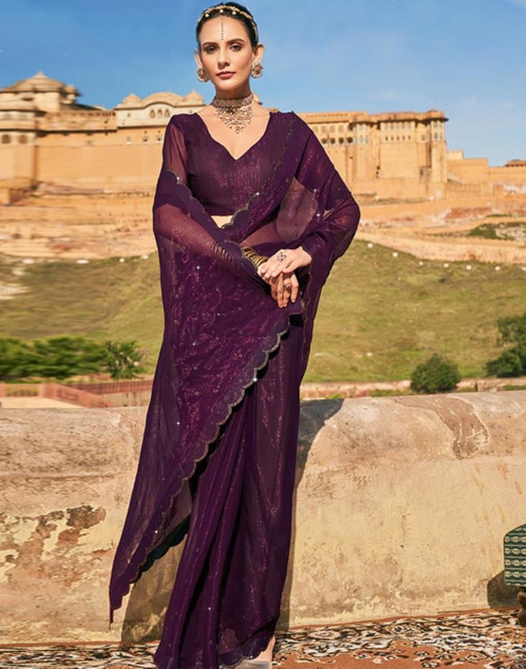 Deep Purple Chiffon Plain Saree