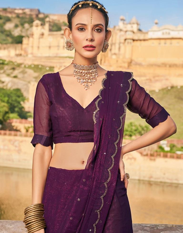 Deep Purple Chiffon Plain Saree