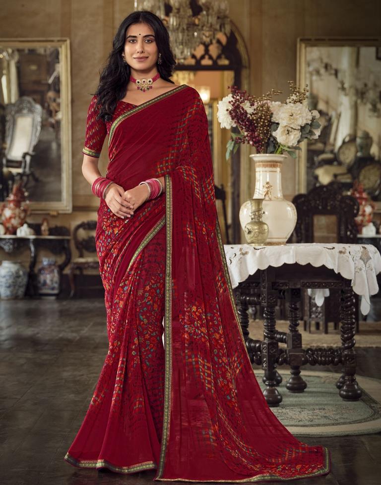 Dark Red Georgette Printed Saree