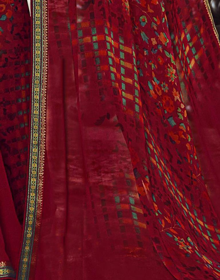 Dark Red Georgette Printed Saree