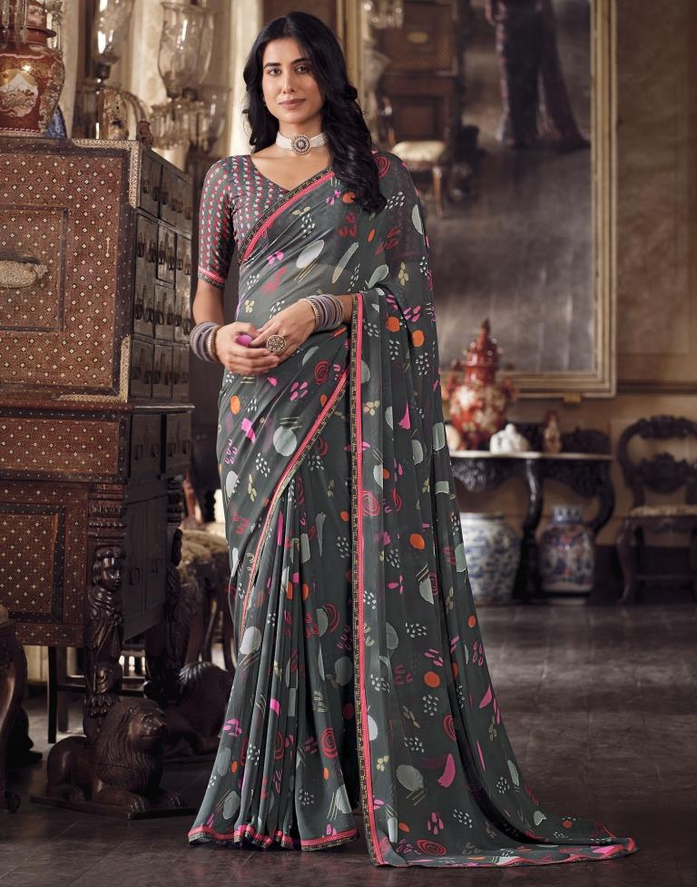 Grey &amp; Multicoloured Georgette Printed Saree