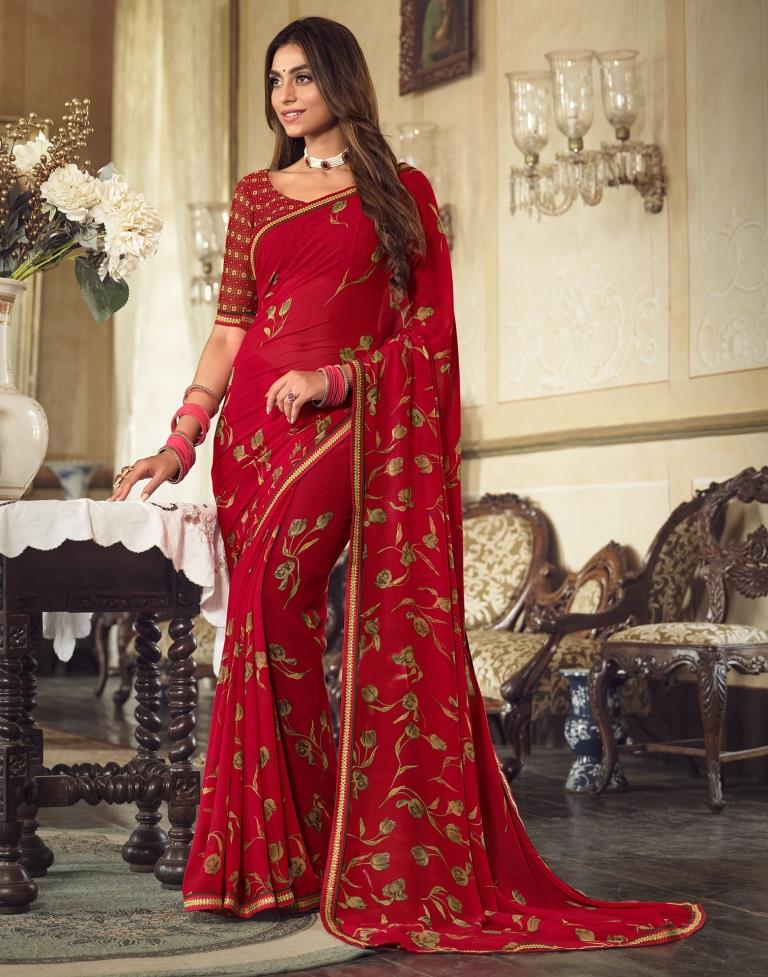 Red Georgette Printed Saree