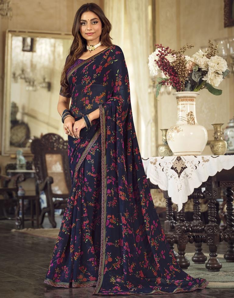 Navy Blue Georgette Printed Saree