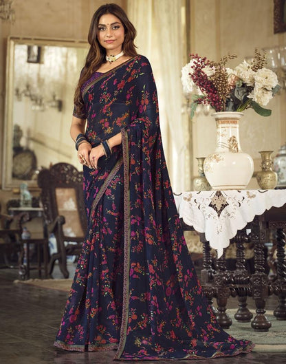 Navy Blue Georgette Printed Saree