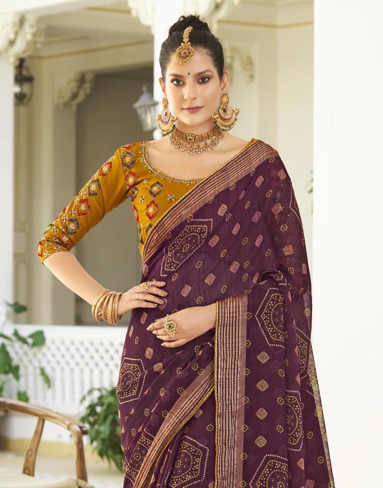 Wine Chiffon Bandhani Saree