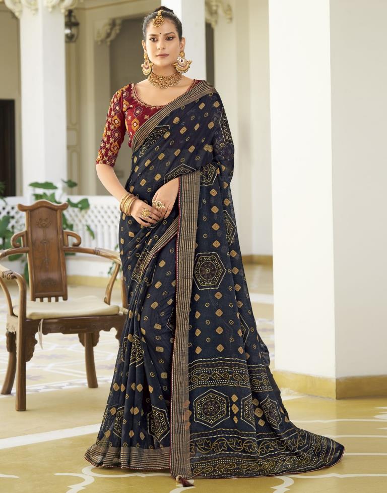 Dark Navy Blue Chiffon Bandhani Saree