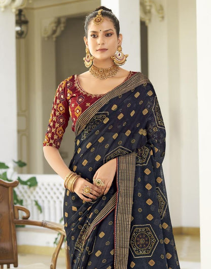 Dark Navy Blue Chiffon Bandhani Saree