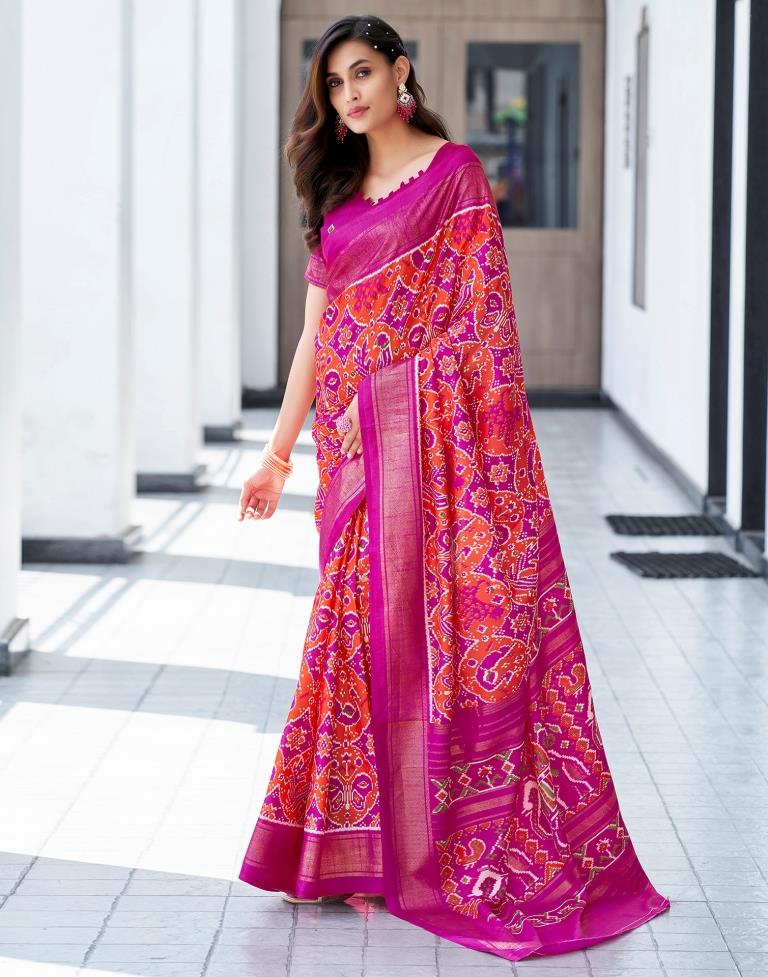 Rani Pink Silk Printed Saree