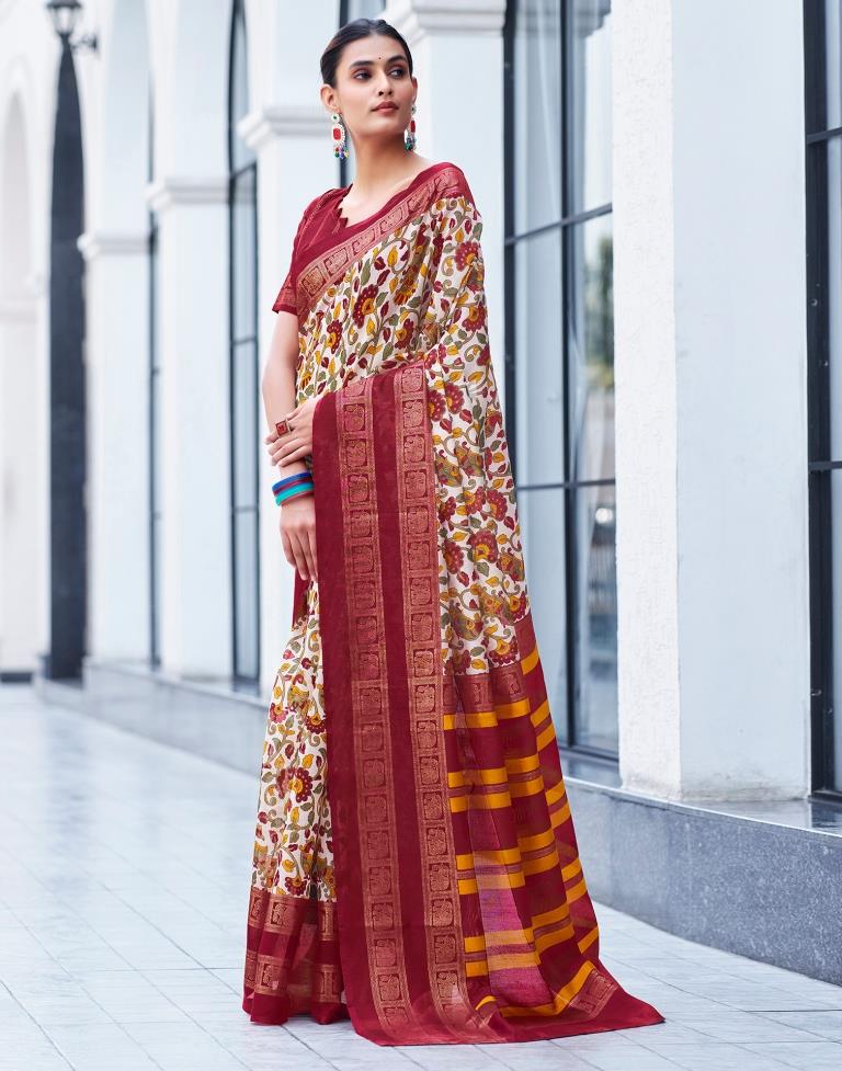 Beige &amp; Multicolour Cotton Printed Saree