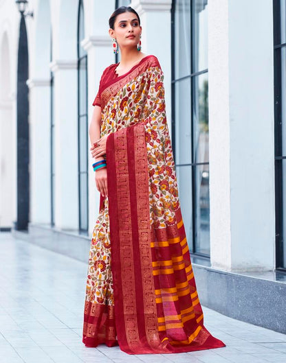 Beige &amp; Multicolour Cotton Printed Saree