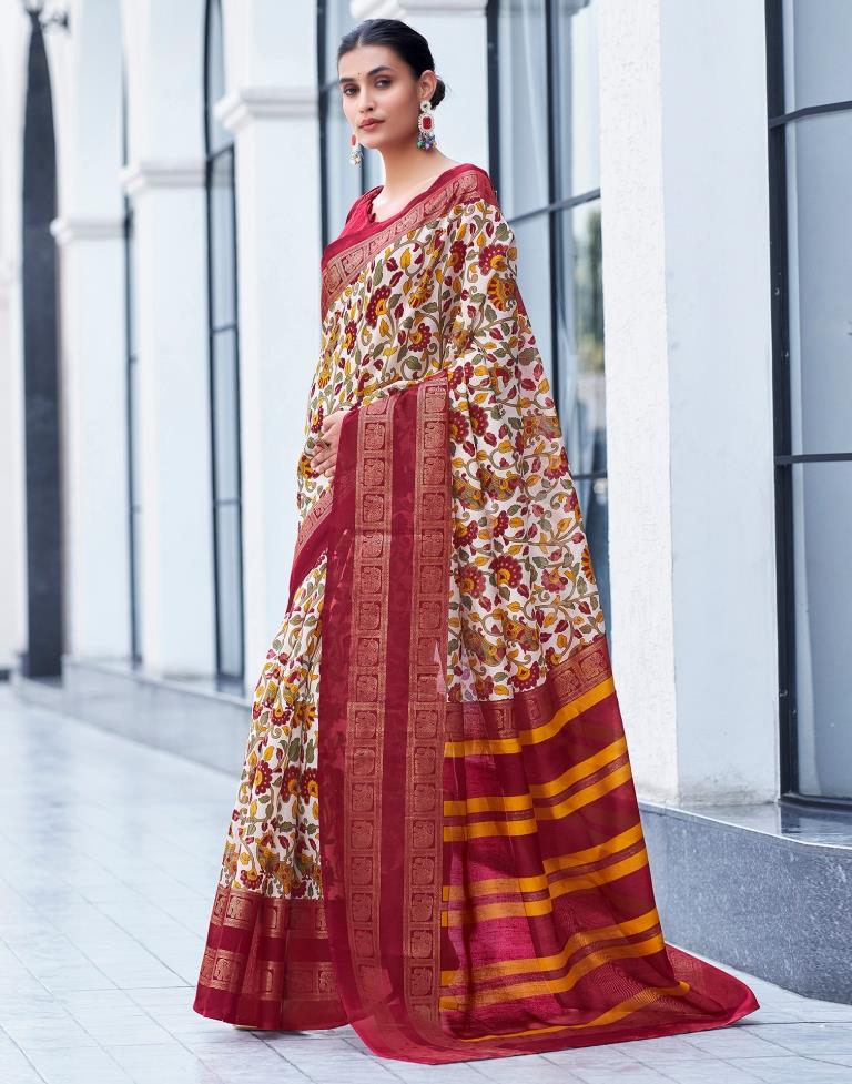 Beige &amp; Multicolour Cotton Printed Saree