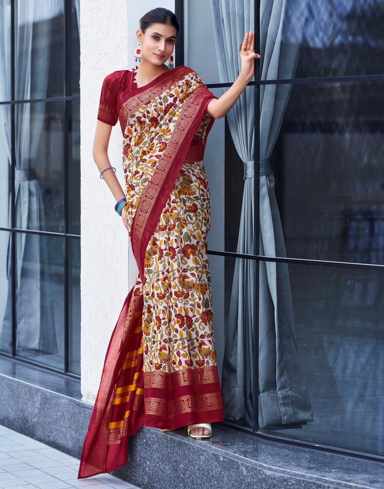 Beige &amp; Multicolour Cotton Printed Saree