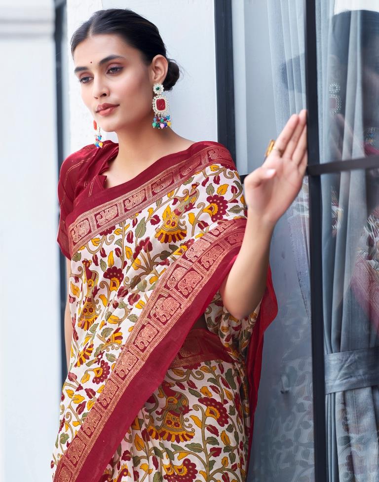 Beige &amp; Multicolour Cotton Printed Saree