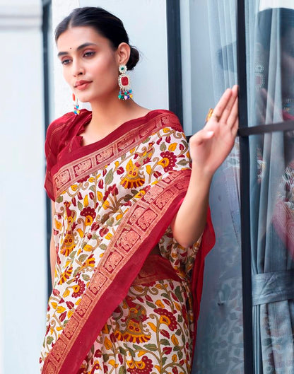 Beige &amp; Multicolour Cotton Printed Saree