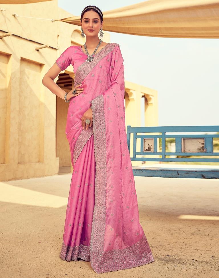 Pink Georgette Plain Saree