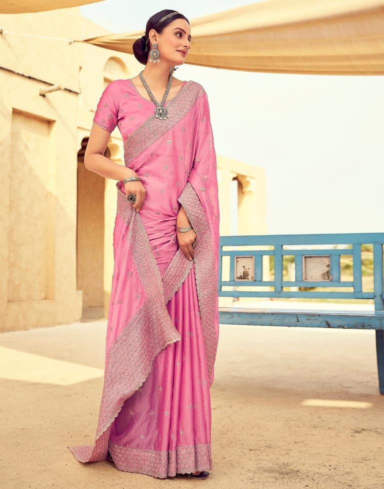 Pink Georgette Plain Saree