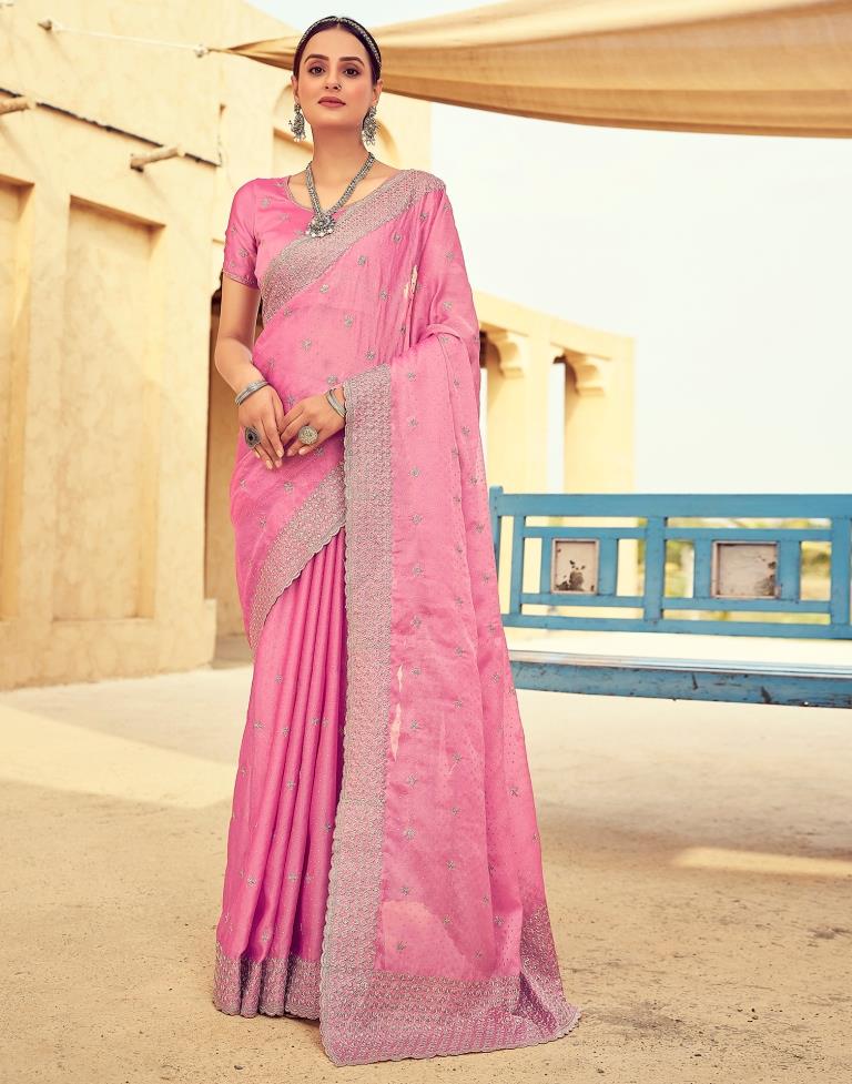 Pink Georgette Plain Saree