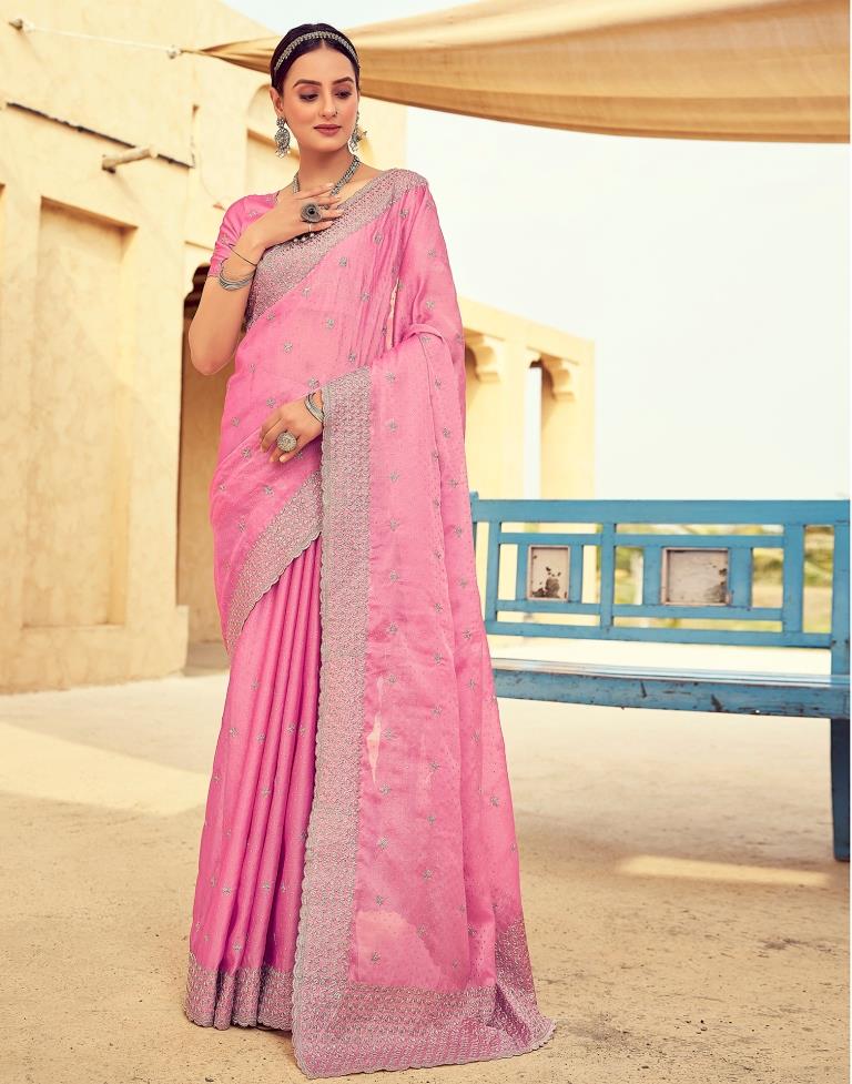 Pink Georgette Plain Saree