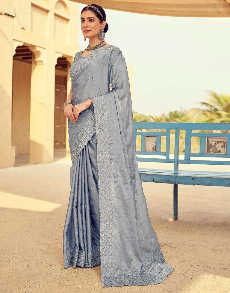 Grey Georgette Plain Saree