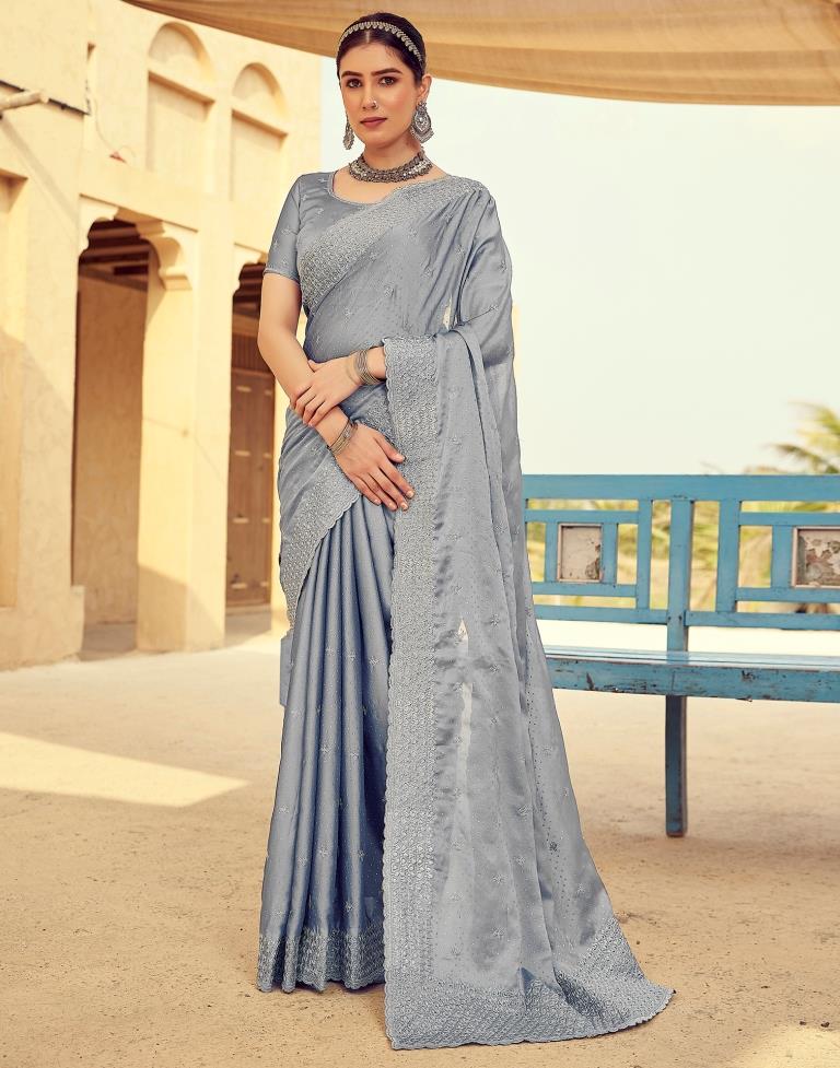 Grey Georgette Plain Saree