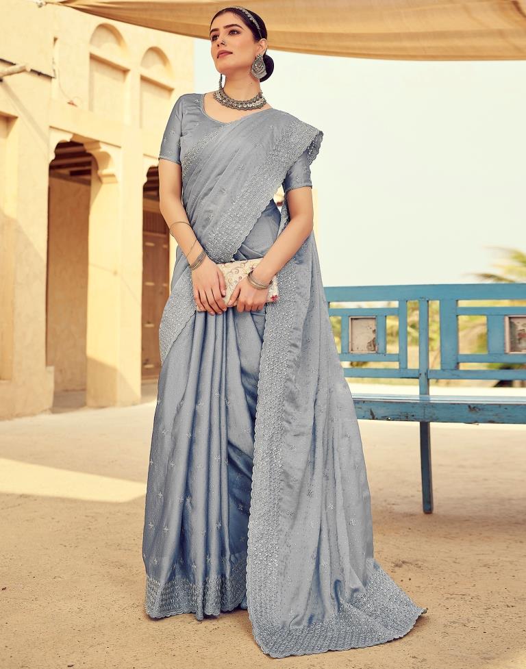 Grey Georgette Plain Saree