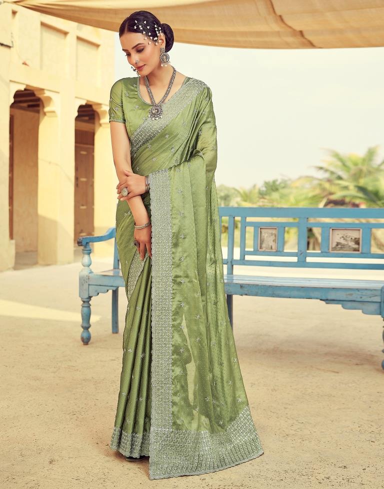 Olive Green Georgette Plain Saree