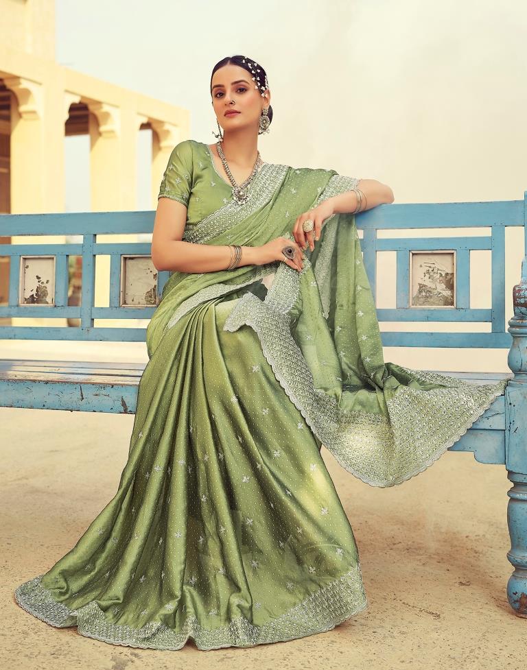 Olive Green Georgette Plain Saree