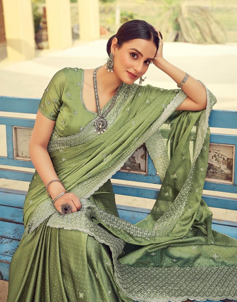 Olive Green Georgette Plain Saree