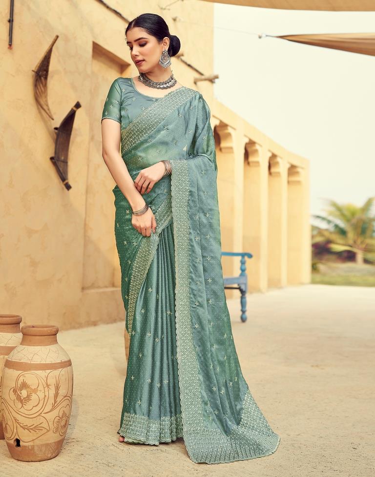 Dull Green Georgette Plain Saree