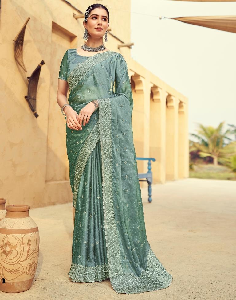 Dull Green Georgette Plain Saree