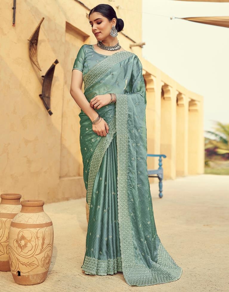 Dull Green Georgette Plain Saree