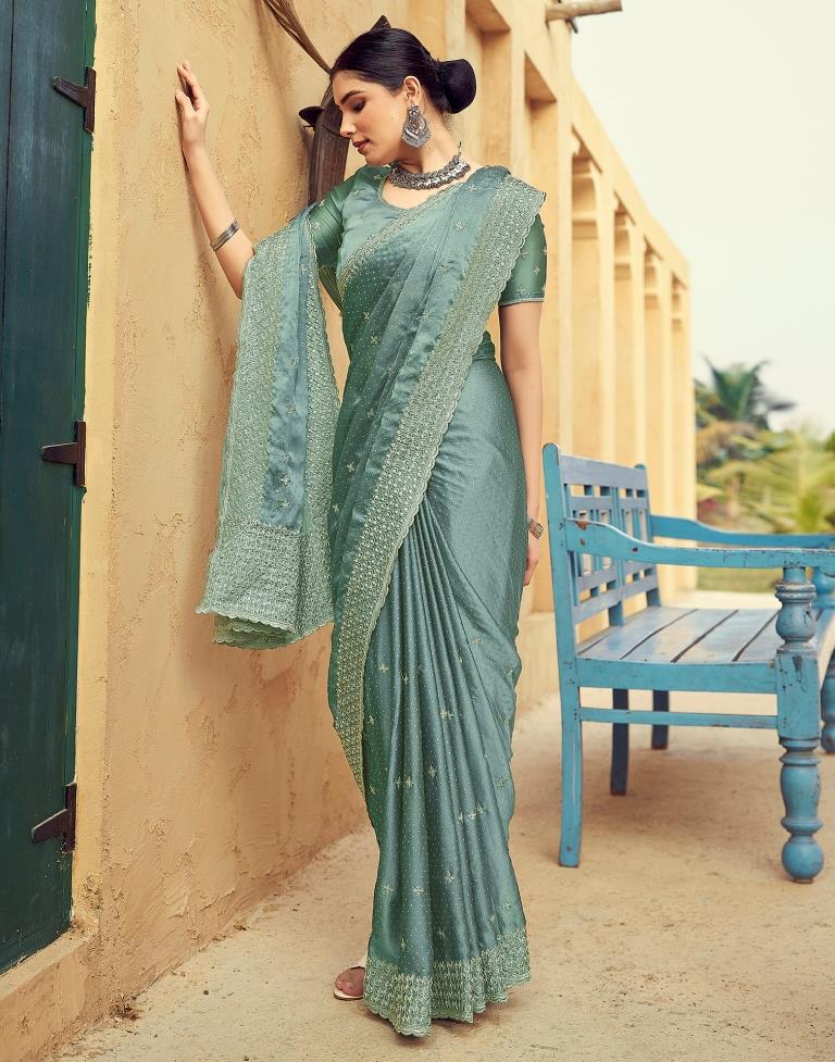 Dull Green Georgette Plain Saree