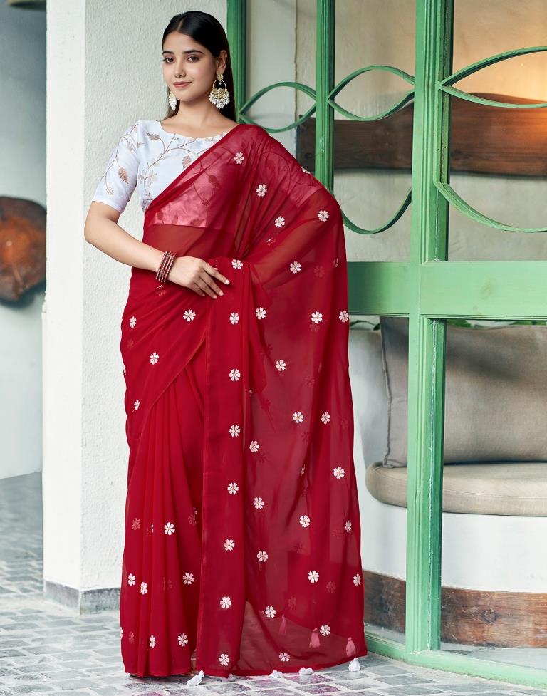 Red Georgette Embroidery Saree