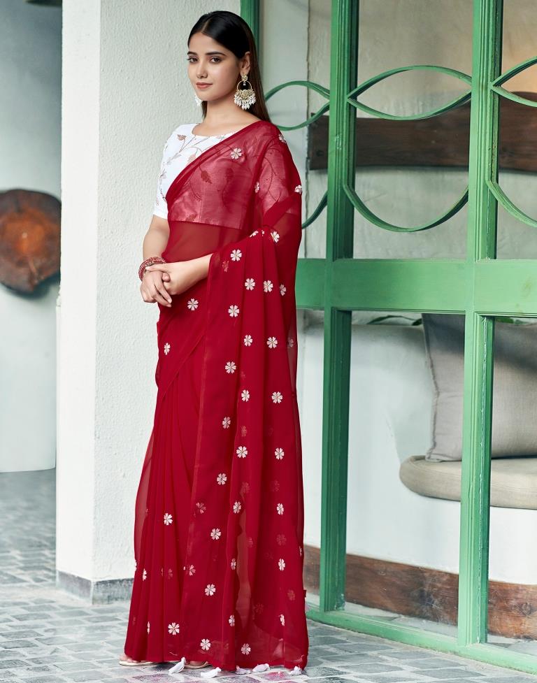 Red Georgette Embroidery Saree