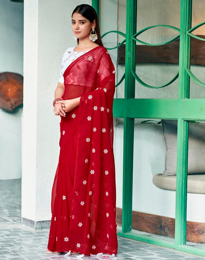 Red Georgette Embroidery Saree