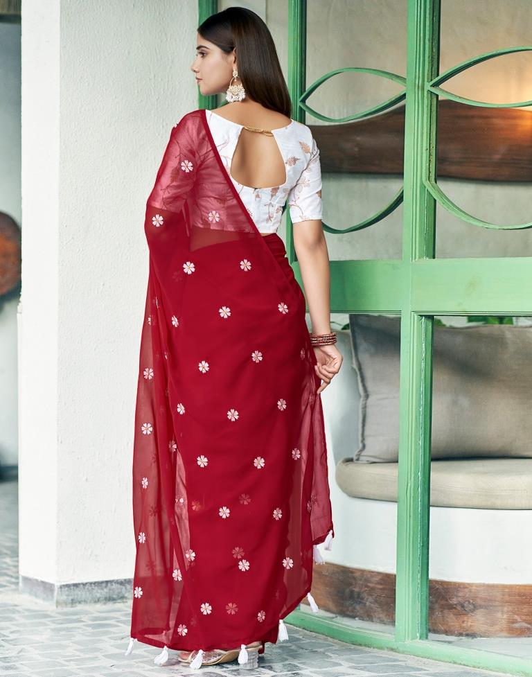 Red Georgette Embroidery Saree