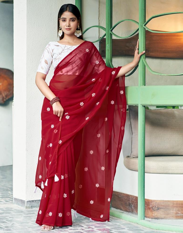 Red Georgette Embroidery Saree